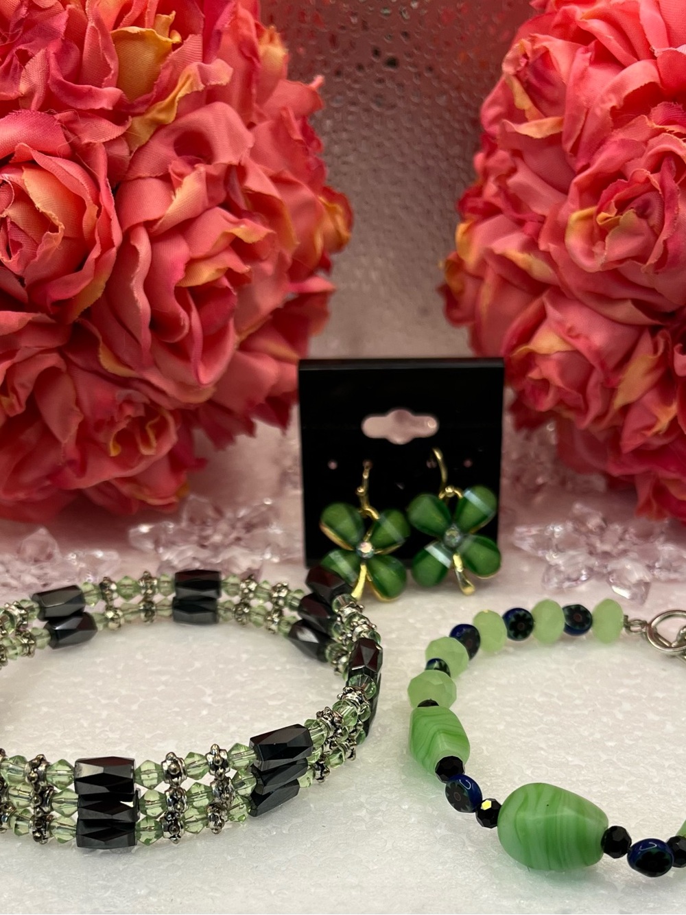 Handcrafted Green magnetic and Bead Bracelets & clover  Earrings Set